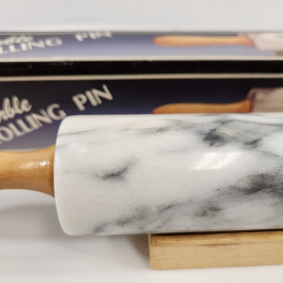 White Marble Rolling Pin Wooden Handles & Stand Gourmet Vintage Boxed - Picture 4 of 11